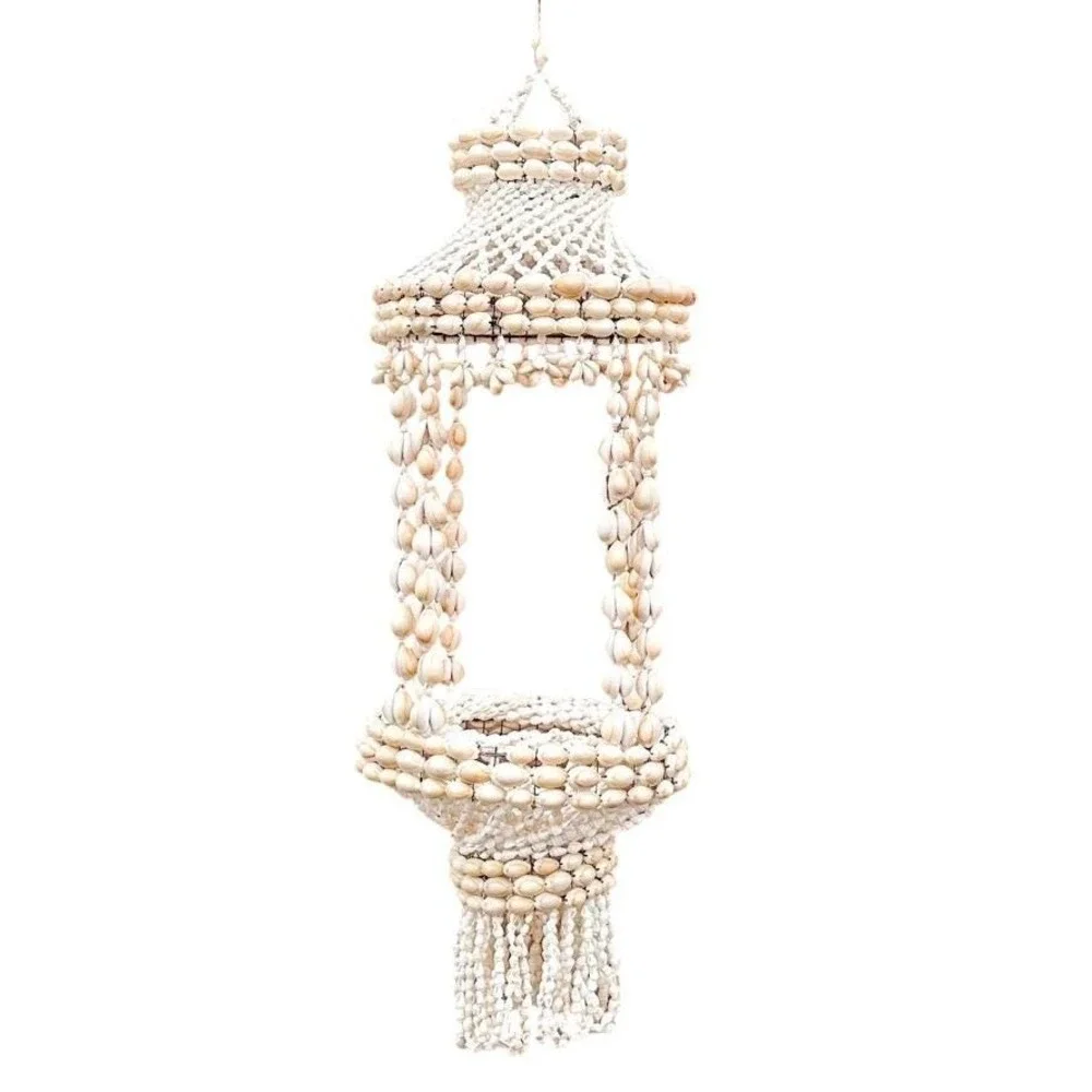 Vtg Cowrie Shell Hanging Plant Basket Boho Coastal Tiered‎ Seashell Hanger 1970s